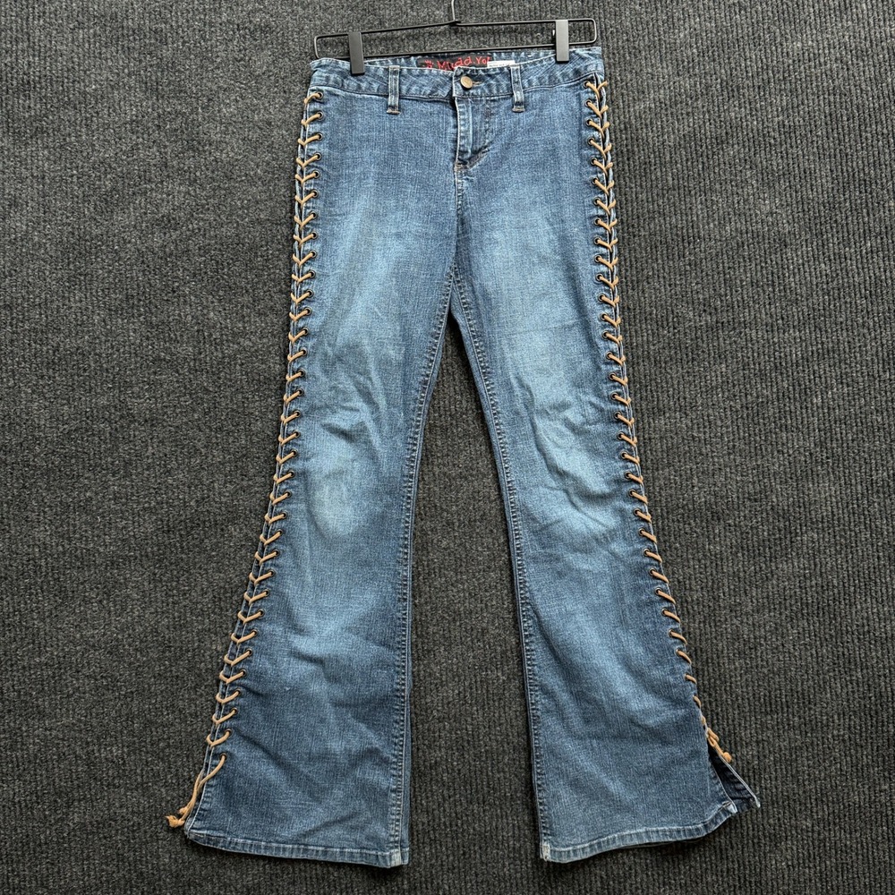Mudd Yo Lace Up Side Flare Jeans Size 7 Blue Stretch Denim Y2K Boho